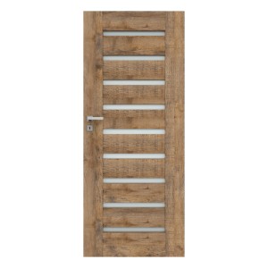 Drzwi wewnętrzne t.b.t. w drewnopodobnym wykończeniu z poziomymi wstawkami szklanymi.
