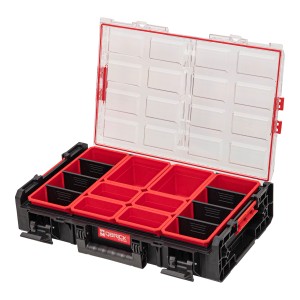 Organizer t.b.t. z przezroczystą pokrywą i czerwonymi wkładkami.