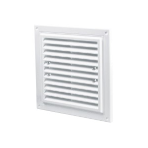 Biała, kwadratowa kratka wentylacyjna do montażu na ścianie.