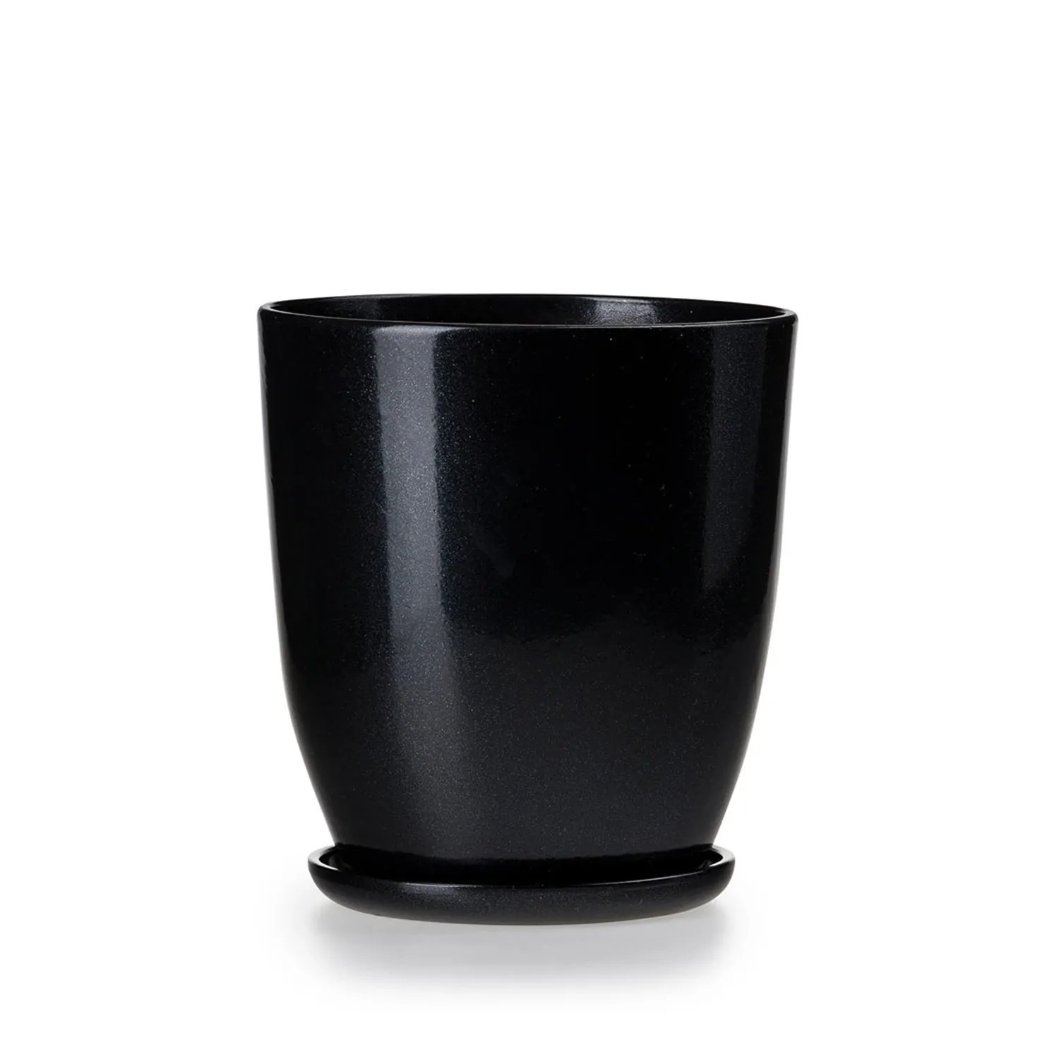 Doniczka z podstawką wysoka czarny połysk - 13,5 cm