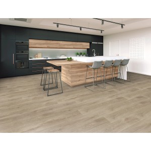 Jasne panele winylowe t.b.t. w nowoczesnej kuchni.