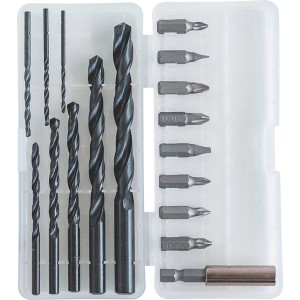 Zestaw wierteł i bitów do wkrętarek, posortowany w przezroczystym pudełku.