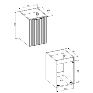 Rysunek techniczny zestawu mebli łazienkowych t.b.t. z wymiarami.