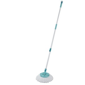 Mop Leifheit Disc Mop Ergo z regulowanym drążkiem teleskopowym, turkusową głowicą i mikrofibrą.