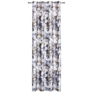 Zasłona t.b.t. z kwiatowym wzorem w odcieniach szarości i brązu.