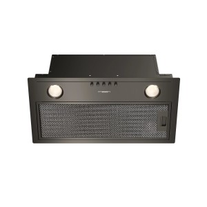 Czarny okap płaski t.b.t. z oświetleniem i filtrem metalowym.