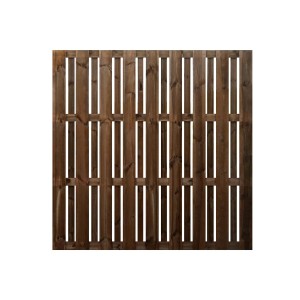 Drewniany panel ogrodzeniowy t.b.t. z brązowego drewna z pionowymi listwami i prostokątnymi wycięciami.