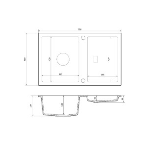Rysunek techniczny zlewozmywaka granitowego t.b.t. z wymiarami.