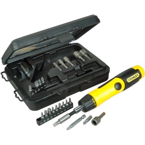 Zestaw grzechotki pistoletowej Stanley 25-częściowy z obrotową rękojeścią i bitami w walizce.