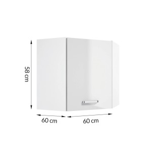 Biała szafka narożna wisząca z zestawu mebli kuchennych, wymiary 60x60x58 cm.