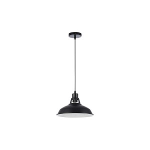 Czarna lampa wisząca t.b.t. w stylu industrialnym do użytku wewnętrznego.
