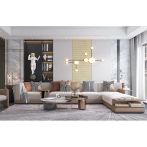 Elegancki salon z beżową sofą narożną, stolikami kawowymi i elementami dekoracyjnymi.