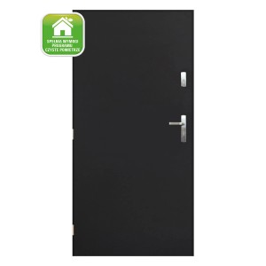 Czarne drzwi zewnętrzne z srebrną klamką i zamkiem.