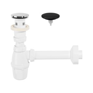 Biały syfon do umywalki z dwoma korkami: chromowanym i czarnym.