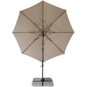 Parasol wiszący Derby Ravenna AX okrągły w kolorze greige z podstawą. Wolnostojący parasol do ogrodu i na patio.