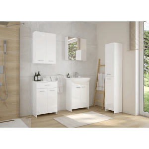 Nowoczesny, biały zestaw mebli łazienkowych z szafką lustrzaną, szafką pod umywalkę i szafką wysoką.