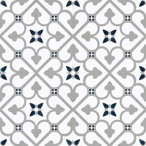 Dekoracyjna płytka podłogowa ze wzorem w kolorze szarym i niebieskimi akcentami.