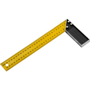 Żółty kątownik ze stopką ze stali węglowej, długość ramienia 300 mm, do trasowania kątów 90°.