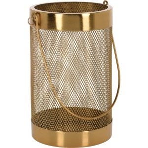 Złoty metalowy lampion z uchwytem do nastrojowego oświetlenia.