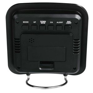 Widok z tyłu czarnej stacji pogodowej t.b.t. z elementami sterującymi i podstawką.