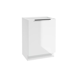 Biała szafka dolna z zestawu mebli kuchennych t.b.t. z czarnym uchwytem.