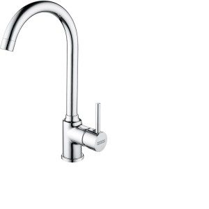 Błyszcząca chromowana bateria jednouchwytowa z wysoką wylewką do kuchni lub łazienki.