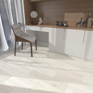 Jasna podłoga drewniana (t.b.t.) w pokoju z krzesłem i komodą. Wygląd drewna.