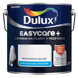 Wiadro z farbą Dulux Easycare+ w kolorze szarym, matowa farba do ścian wewnętrznych.