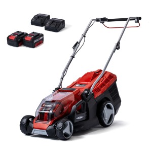 Akumulatorowa kosiarka Einhell Power X-Change GE-CM 36/36 Li z dwoma akumulatorami i ładowarkami, czerwono-czarna.