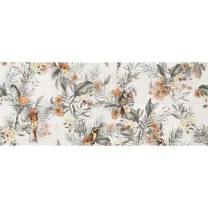 Płytka dekoracyjna z tropikalnym wzorem: papugi, tukan, liście i kwiaty.