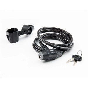 Czarna blokada rowerowa t.b.t. z uchwytem i kluczami.