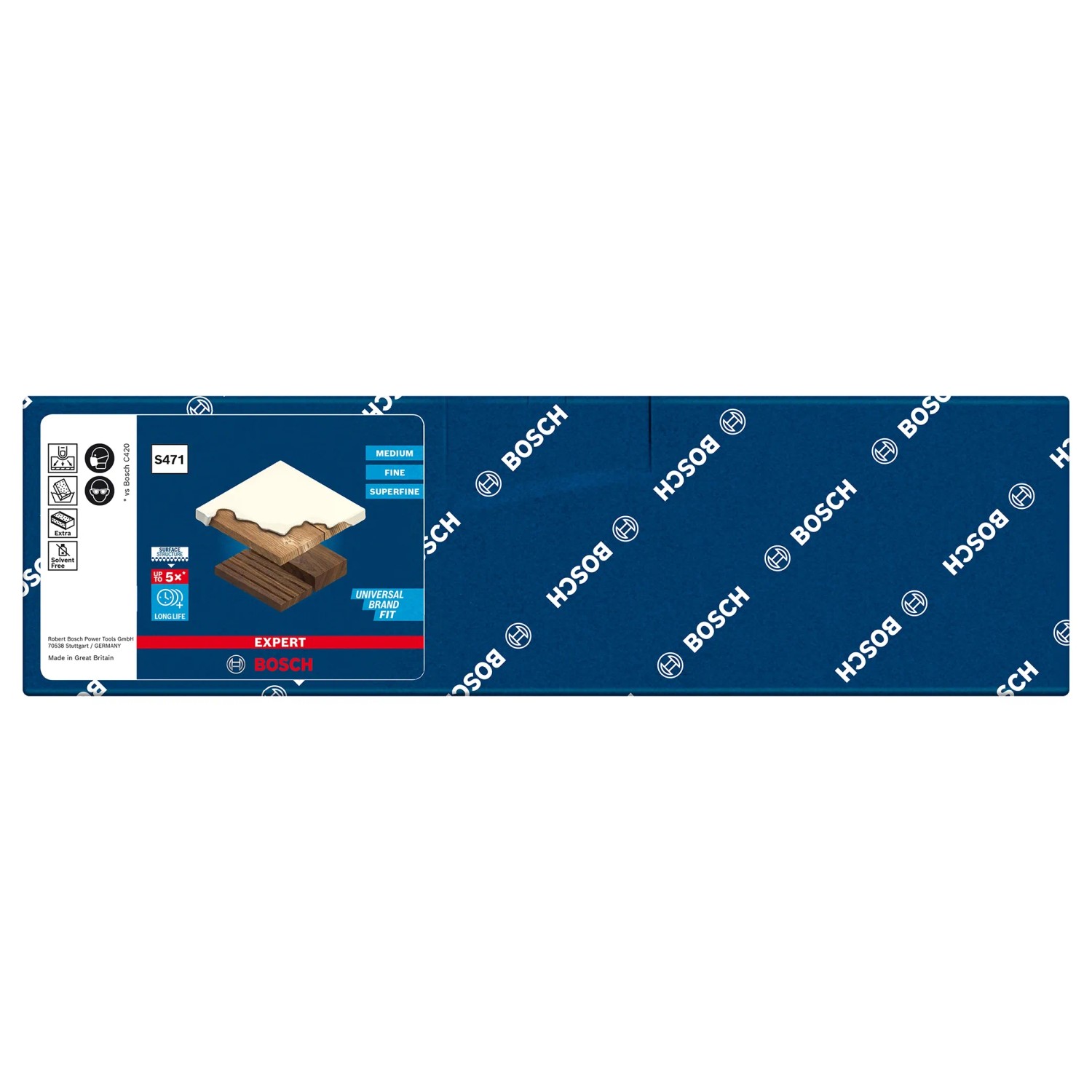 Gąbka ścierna Bosch Expert S471, średnia ziarnistość, 69x97x26mm, do obróbki powierzchni i usuwania farb.