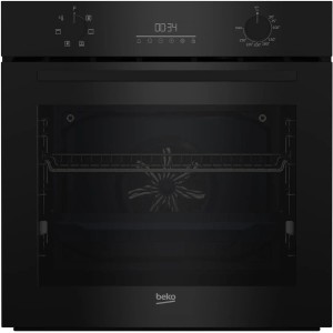 Czarny piekarnik do zabudowy t.b.t. z cyfrowym wyświetlaczem i pokrętłem.