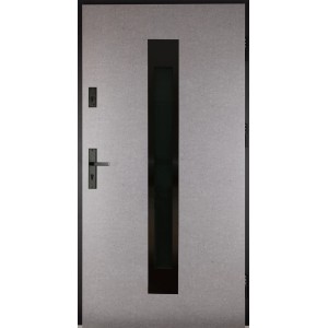 Nowoczesne drzwi zewnętrzne z antracytową wstawką szklaną i srebrną powierzchnią.