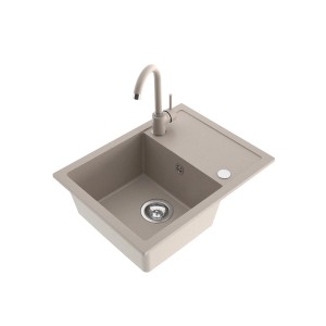 Beżowy zlewozmywak granitowy z baterią, widok z góry.