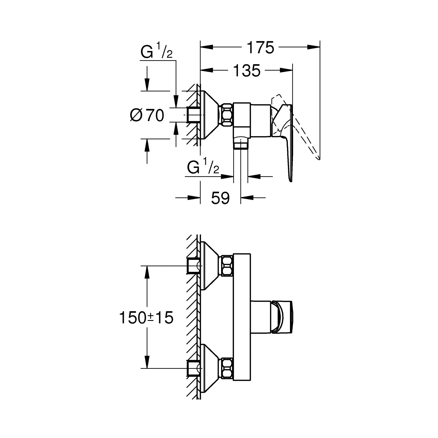 Rysunek techniczny baterii prysznicowej Grohe QuickFix Start Edge z wymiarami.