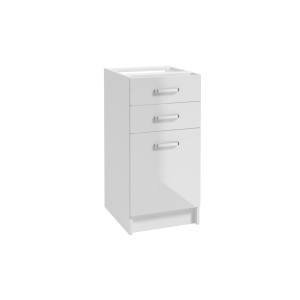 Biała szafka dolna kuchenna t.b.t. z dwiema szufladami i jednymi drzwiami.