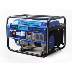 Niebieski agregat prądotwórczy t.b.t. z czarną ramą.