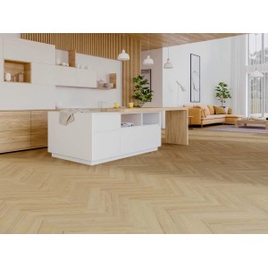 Jasny pokój z płytkami podłogowymi t.b.t. w jodełkę. Nowoczesna kuchnia w tle.