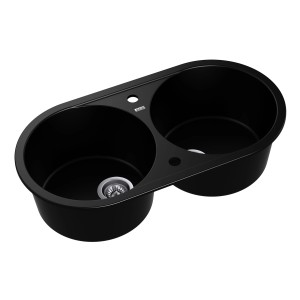 Czarny, okrągły, podwójny zlewozmywak granitowy.