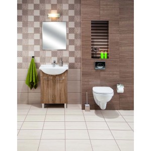 Nowoczesna łazienka z dekorami i płytkami w odcieniach brązu i beżu.