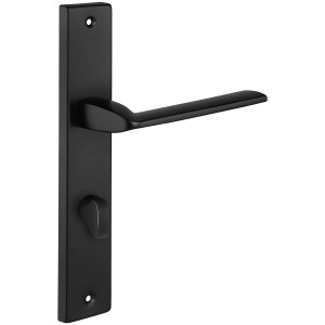 Czarna klamka do drzwi z zamkiem, odpowiednia do drzwi wewnętrznych.