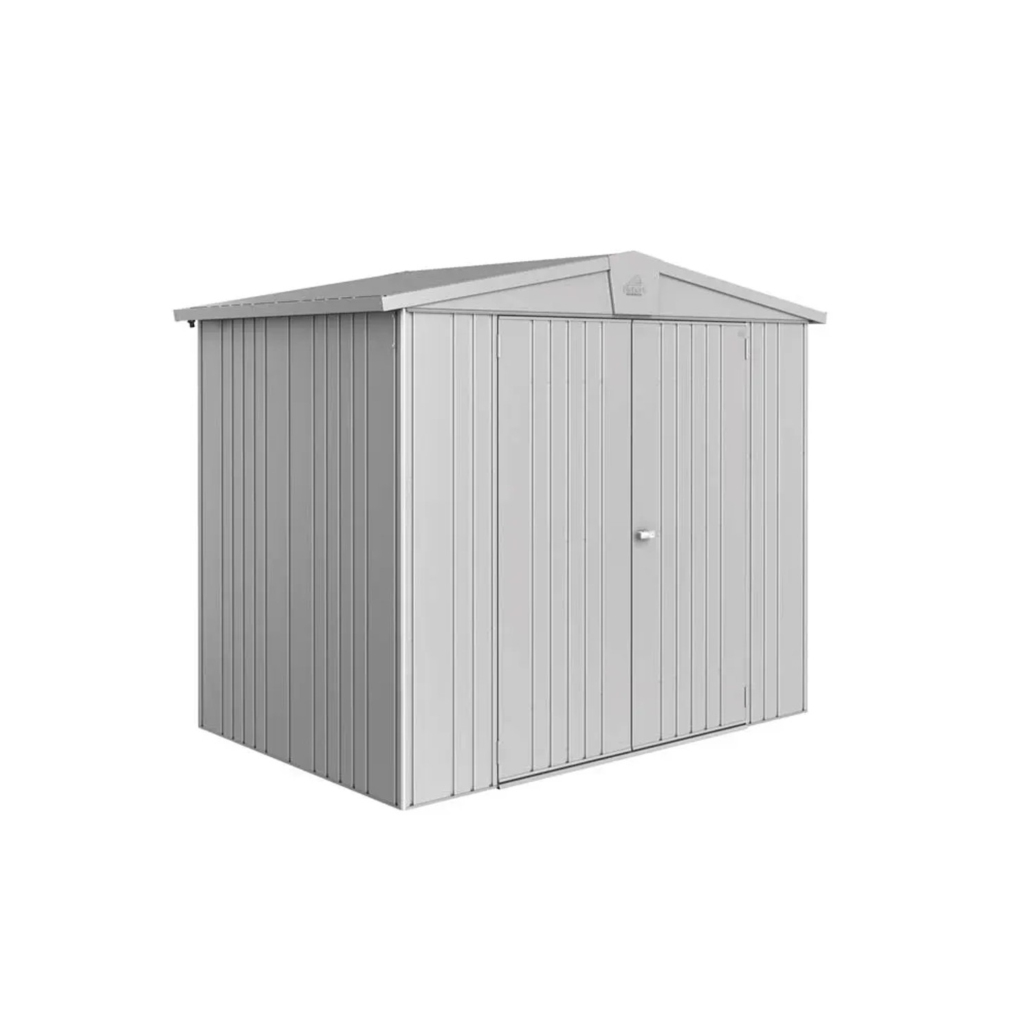 Metalowy domek narzędziowy Biohort Europa, srebrny metalik, 3,5 m², z podwójnymi drzwiami.