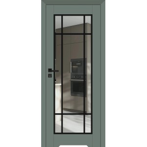 Nowoczesne drzwi wewnętrzne t.b.t. ze szklaną wstawką i czarną ramą.