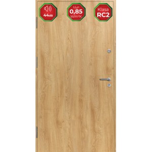 Drzwi zewnętrzne w kolorze drewna z izolacją akustyczną 44dB, izolacją termiczną 0,85 i klasą bezpieczeństwa RC2.