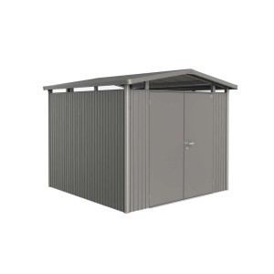 Metalowy domek narzędziowy Biohort Panorama, kwarcowoszary, 6,6 m², z podwójnymi drzwiami. Idealny do przechowywania w ogrodzie.