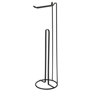 Czarny uchwyt na szczotkę do WC t.b.t. z uchwytem na rolkę papieru do łazienki.