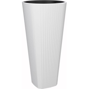 Biała donica z tworzywa sztucznego Orbis Muza, wysoka na 80,7 cm, z żebrowanym wzorem do użytku wewnątrz i na zewnątrz.