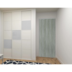 Szare drzwi harmonijkowe o wyglądzie drewna obok szafy z drzwiami przesuwnymi.