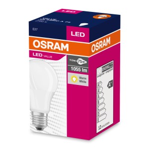 Żarówka LED OSRAM E27, ciepła biel, 1055 lumenów w pudełku.